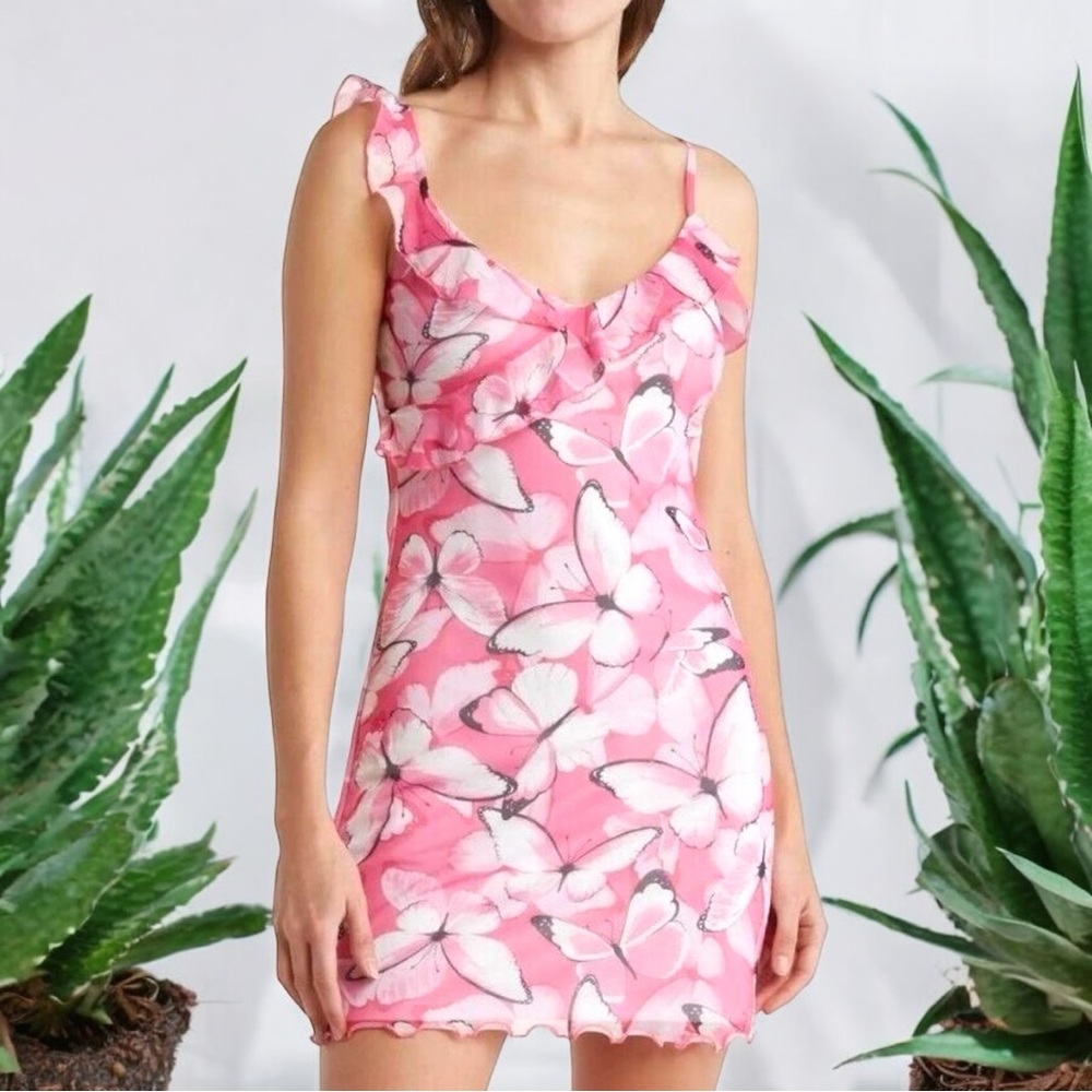Elodie Ruffle Neck Mesh Cami Dress Butterfly Y2K 90s Style Pink Medium NWT